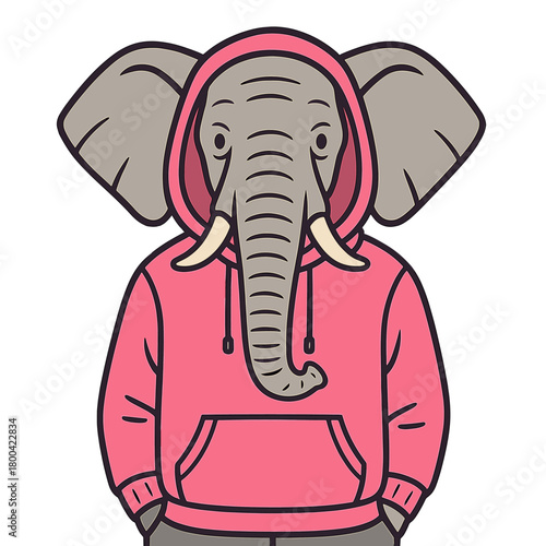 Blending the surreal with the comedic, an elephant wearing a pink hoodie poses before a soft pink background, yielding a delightfully absurd image