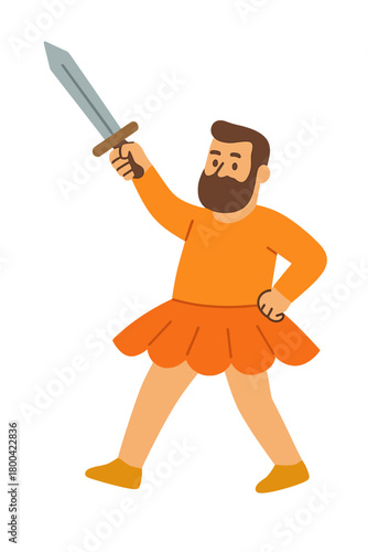 A bearded man dons a vivid orange tunic and matching tutu, holding a medieval-style sword and giving a