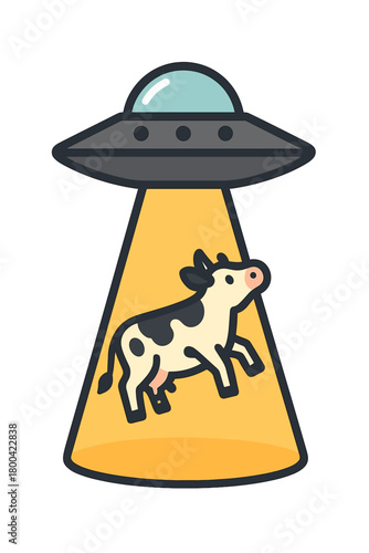 A cow is being taken up by an alien UFO with luminous beams against a white backdrop