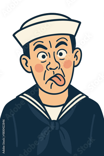 Sailor wearing a hat and uniform, striking a goofy pantomime expression