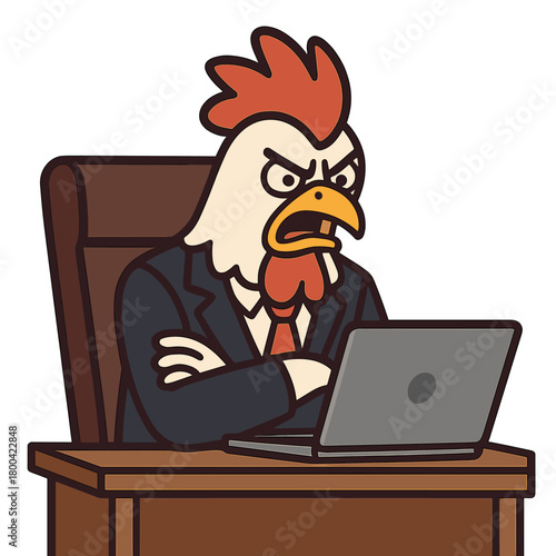 The angry rooster company boss works at the office with a laptop,
