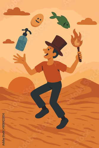 An absurd juggling performance in a sandy desert at sunset, captured in shaky slow‑motion footage