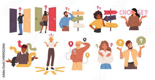 People cartoon characters looking confused or perplexed about choice or decision isolated set