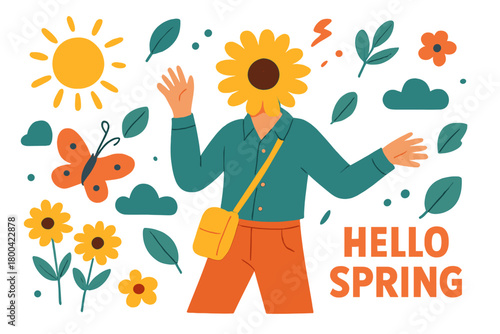 A trendy collage capturing a vibrant young person with a yellow daisy face, basking in a sunny spring day