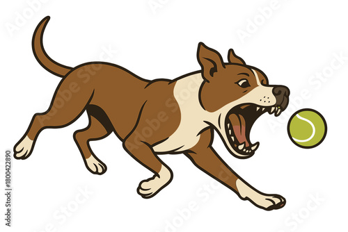 An American Pit Bull Terrier is leaping to fetch a tennis ball during a game of “Get Your Pet,” its mouth wide open and powerful teeth visible, creating a striking concept image of pets