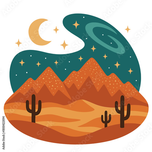 A desert panorama with shimmering mountains under a celestial sky