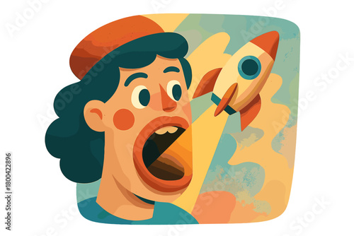 A 3D retro abstract collage template featuring a humorous woman with an open mouth, a starship illuminated inside, set against an isolated painting background