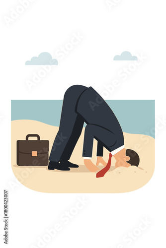 A businessman burying his head in the sand on a beach offers a conceptual take on denial and avoiding reality, with a humorous twist