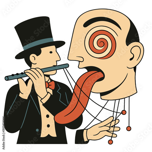 A surrealistic collage of a gentleman flutist in costume, creatively abstract, drawing a hypnotic face while manipulating tongue control
