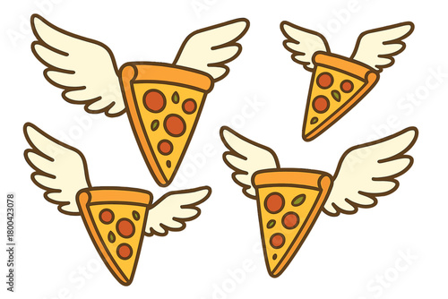 Enormous airborne pizza slices, each with wings, glide across a dreamlike sky, evoking whimsy and playfulness