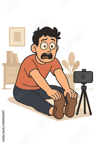 The vlogger demonstrates to his viewers how to improperly stretch by placing his hands over his feet, while his shocked expression and grimacing face contrast with the home background