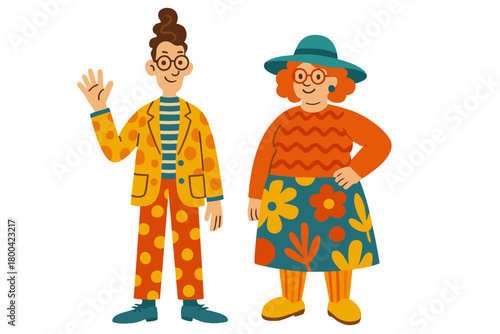 Two people wearing distinctive, eccentric outfits, ideal for a quirky  photo