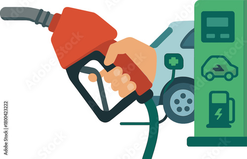 A close-up view of a handheld gasoline pump nozzle used to refuel an electric vehicle at a service station