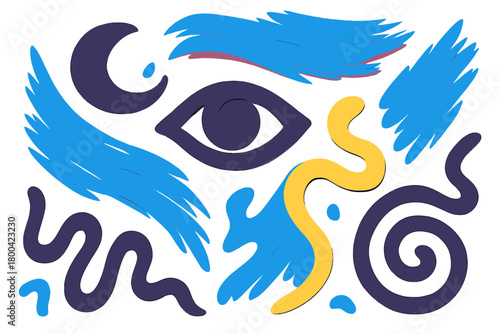 An abstract paper cut design on a pink background incorporates nightcore-inspired brushstroke abstractions, curvilinear shapes, and absurd elements