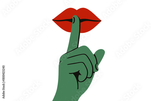 Modern art collage: a green hand raising a finger toward red lips on a beige backdrop, evoking silence or secrecy, exploring absurdity and creative communication