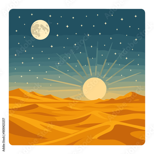 A golden desert scene beneath a star-filled sky, featuring a rising sun and a faraway moon