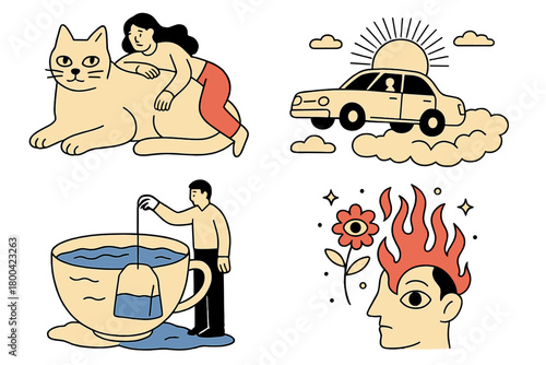 A collection of surreal 2D linear illustration concepts featuring absurd cartoon vector scenes, including a giant cat, a teabag lake, a flying car, and psychedelic abstract metaphors