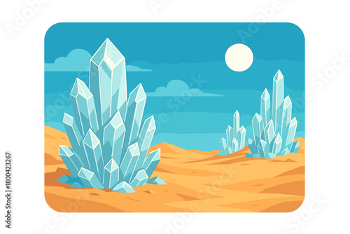 Crystal rock formations on a desert planet beneath a bright blue sky