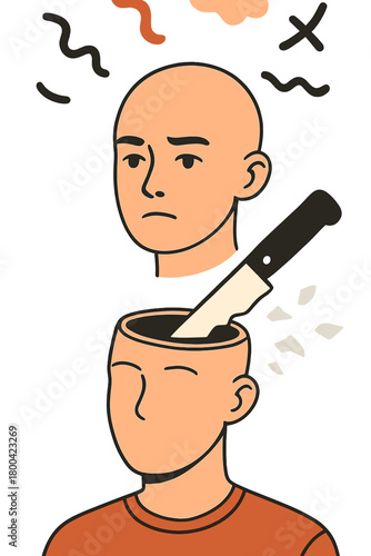 A vertical collage absurdly depicts a bald young man whose personality is cut off, with destroyed thoughts isolated against a blue background