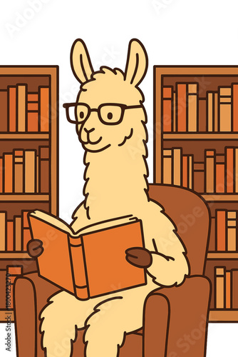 In a snug library lined with bookshelves, a llama wearing glasses reads a book, creating a delightfully quirky and humorous scene