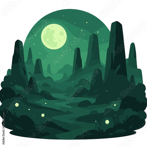 A mystical green moonlit landscape illuminated by glowing lights and towering rocks