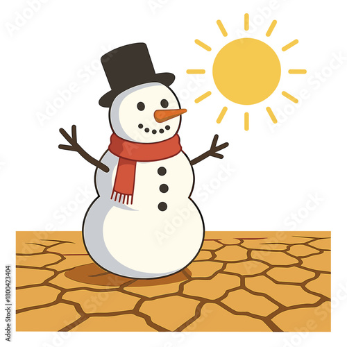 A snowman stands on a cracked desert under a blazing sun, illustrating the contrast of climate change