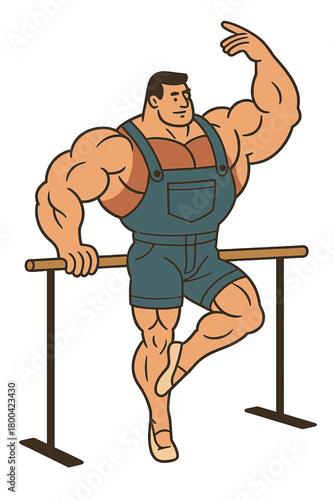 A comically bulky man in overalls practicing ballet at a barre, subverting ideas of power and elegance, ideal for advertising, memes, or body‑image discussions