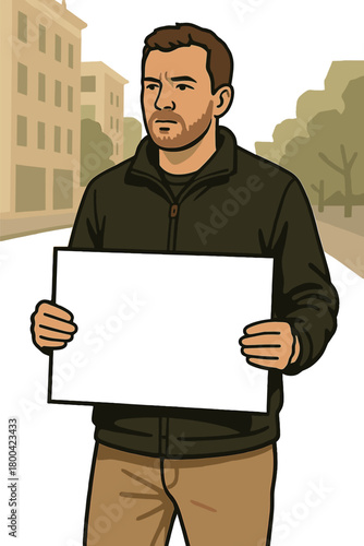An adult Caucasian man in a black jacket holds a banner while standing on the street in the afternoon