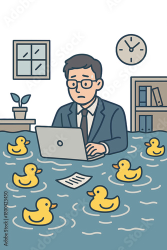 A man typing on a laptop in a waterlogged office filled with floating rubber ducks illustrates a chaotic scene while hinting at humor under pressure, adaptability, and atypical business challenges