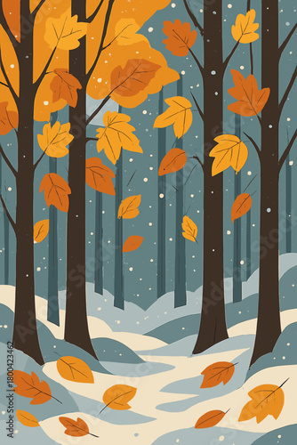 Embracing change, the forest’s elegance is highlighted by autumn leaves mingling with winter snow, a creative concept that evokes dreamlike imagery through avant‑garde shots