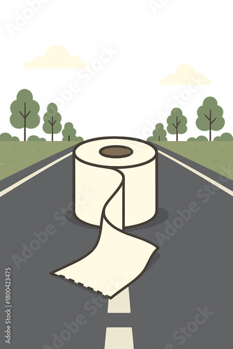 A roll of toilet paper on a deserted asphalt road creates a humorous scene that hints at poor planning, evoking confusion and surprise in this absurd setting