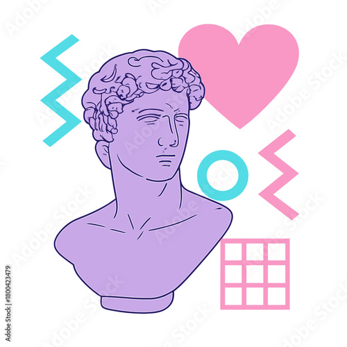 Modern minimalist collage wallpaper featuring an antique male statue and pink romantic vibes, evoking 80s and 90s party aesthetics, with a retro zine and vaporwave culture concept