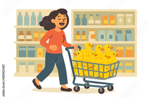 Happy buyer carrying a cart brimming with rubber ducks in a supermarket aisle