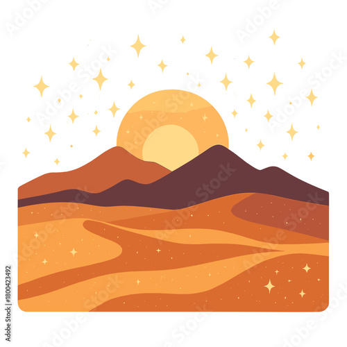 A glittering, star-filled desert scene at sunset, framed by mountains