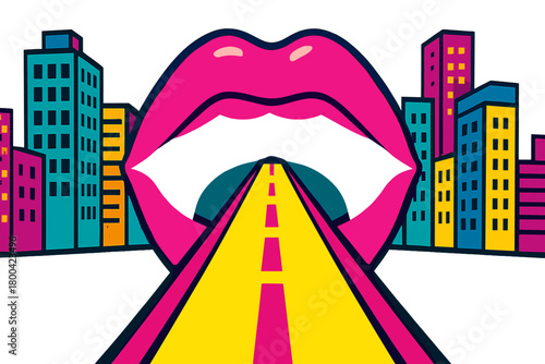A neon scene, absurd and vibrant, features a road that narrows in perspective, leading into a mouth with pink lips, set against a cityscape of buildings, rendered in pop art style with kitsch
