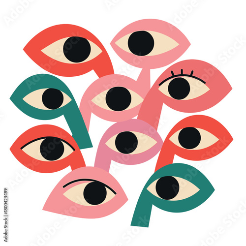 Contemporary art features several eyes in red, pink, and green gazing in various directions, underscoring fragmented communication and dispersed attention, embodying absurdity and dialogue