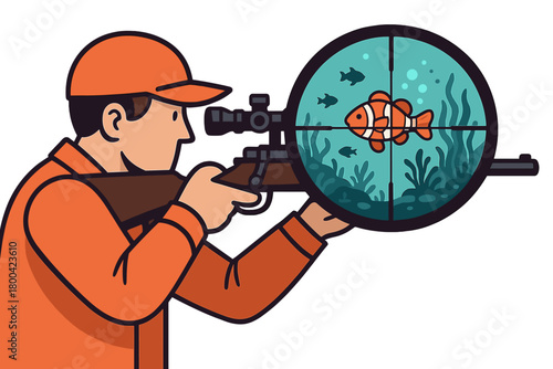A hunter, with a rifle scope in hand, uncovers an underwater aquarium concept