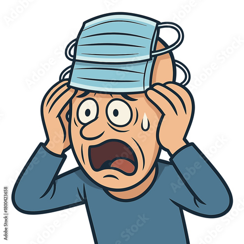 A man exaggeratedly covers his head with surgical masks