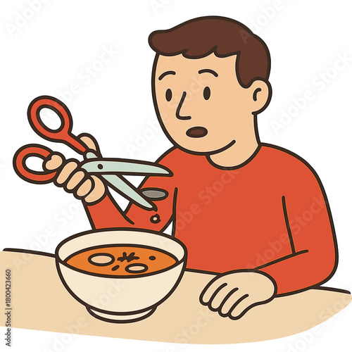Eating soup with a pair of scissors at a table is a bizarre and absurd concept