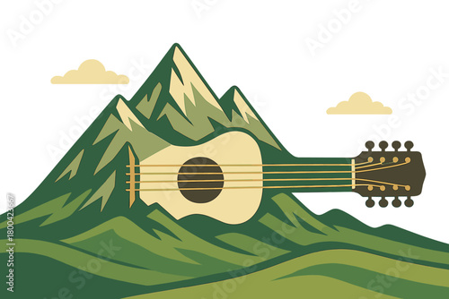 A surreal landscape features a mountain range shaped like a guitar, with strings extending across the peaks