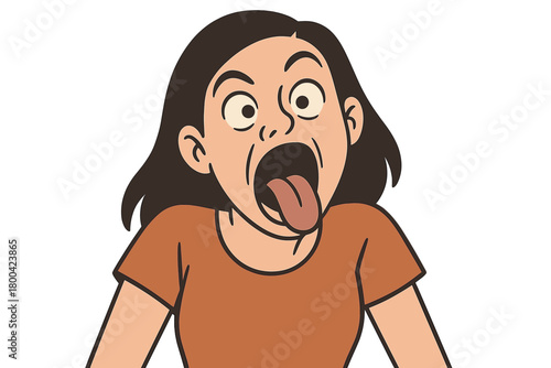 A woman is making a goofy face, her mouth wide open