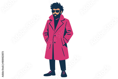On the street, a mysterious man in a bright pink leather coat and fashionable sunglasses stands out, confidently flaunting his wild and distinctive style