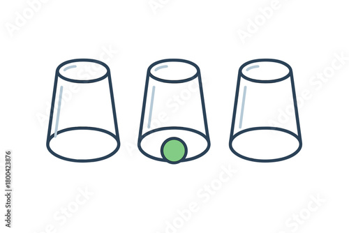 A 3D shell game with three transparent cups and a green ball