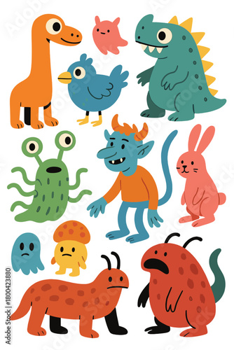 A playful assortment of bizarre and magical beings arranged on a pristine white backdrop