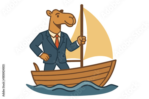 A camel in a suit aboard a boat, embodying a fashion and business concept