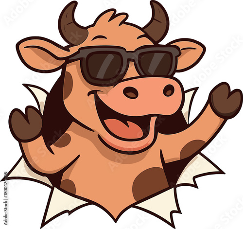 A humorous cow wearing glasses pops out of paper, showcasing a playful farm animal with a quirky personality, creating a fun, dairy-themed design