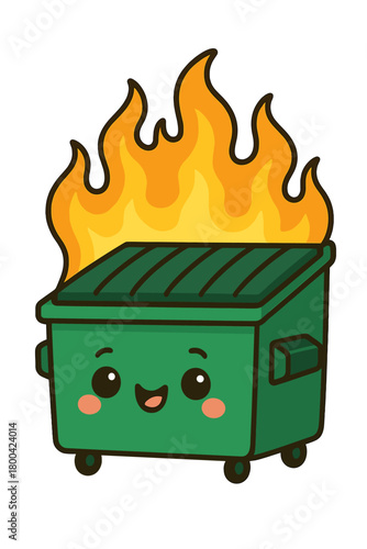 Cute-faced flaming dumpster on fire, a silly ironic illustration of a fiasco