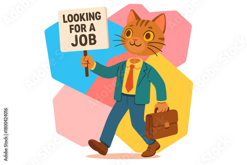 A creative composite illustration: a 3D photo collage of a humorous headless man with a cat's head searching for work against an isolated, colorful background