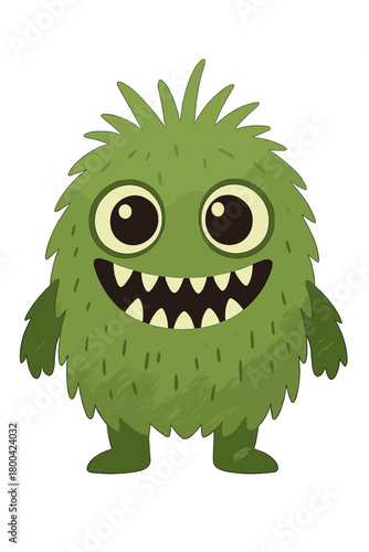 Cute green grass monster with large eyes and sharp teeth set against a black background