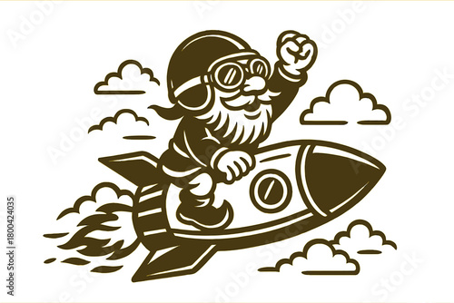 A playful gnome pilot, wearing a helmet and goggles, comically rides a fast rocket through the clouds in a vintage monochrome illustration